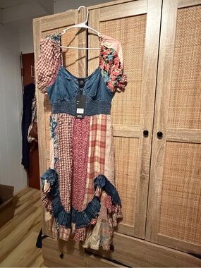 Young Threads NWT Boho Patchwork Midi Dress in Mixed Prints - Denim Accent